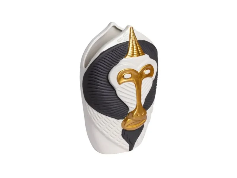 Dekorativ vase formet som abehoved med sorte og gyldne detaljer, unikt design til boligindretning.