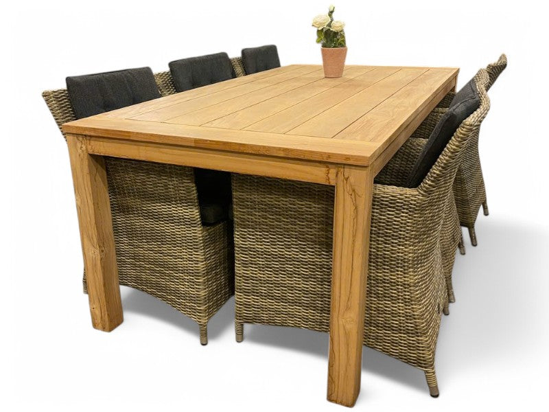 BEDFORD TEAK Havebord 200cm og 6 Dublin stabels havestole