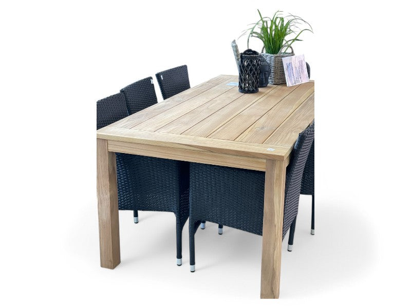 BEDFORD TEAK Havebord 200cm og 6 DOVER stabels havestole