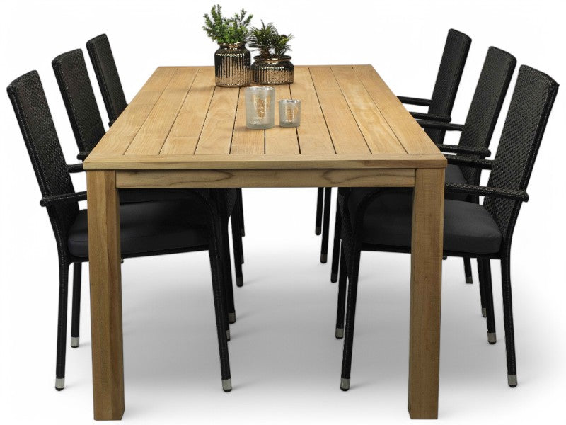 BEDFORD TEAK Havebord 200cm og 6 stabels sort havestole
