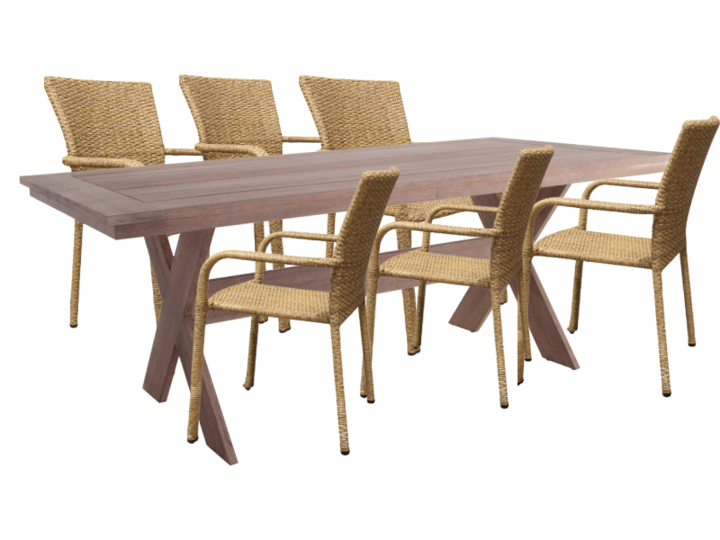SALFORD Akacie Havebord 200cm og 6 stabels havestole