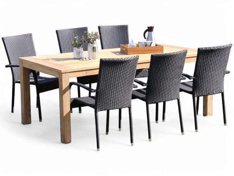 BEDFORD TEAK Havebord 200cm og 6 stabels sort havestole