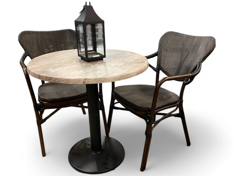 Laminat rustik træ rundt bord og 2 Colmar stole,Brun