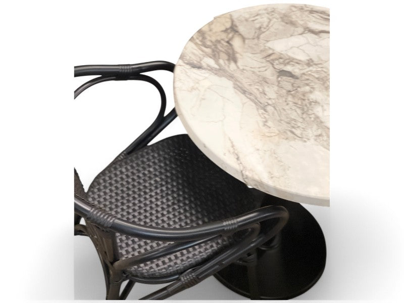 Laminat marmor struktur rundt bord og 2 Cafe stole, sort