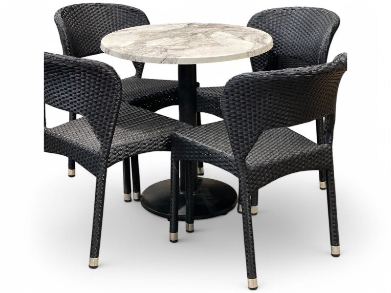 Laminat marmor struktur rundt bord og 4 Cafe stole, sort