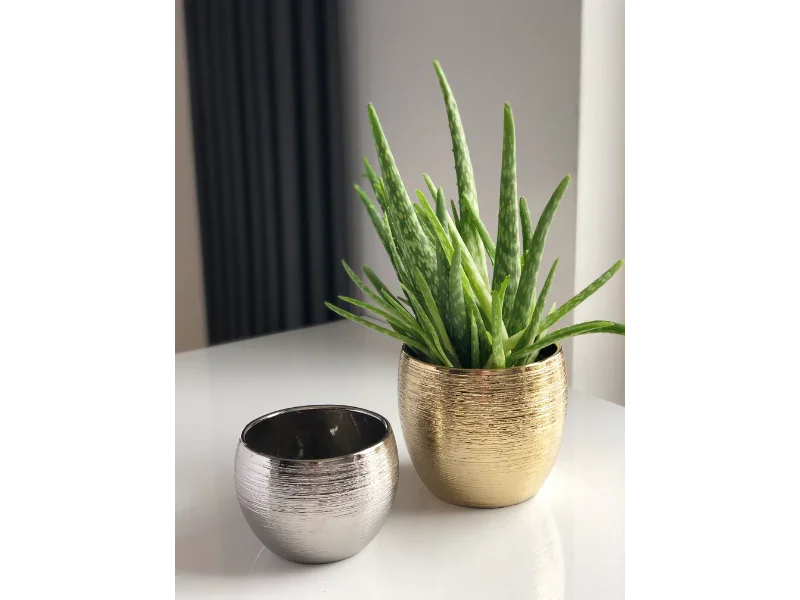 To krukker i børstet metal-look, én guldfarvet med grøn plante og én sølvfarvet, på bord indendørs