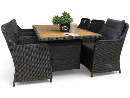 Eksklusivt håndflettet sort havesæt med firkantet træbord og seks polstrede kurvestole.